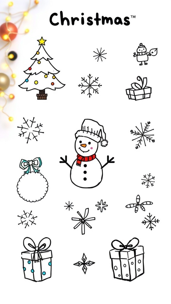 A variety of simple Christmas doodles featuring a tree, snowman, and gifts in colorful designs.